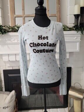 Vintage Juicy Couture Blue Ditzy Floral 'Hot Chocolate Couture' Long Sleeve Tee